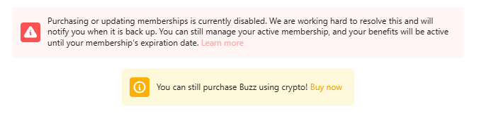 Civiti's pop-up note on payments