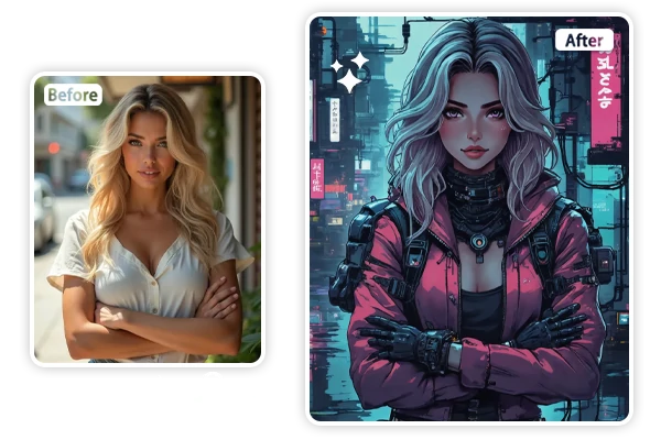 사진을 사이버펑크 캐릭터로 변환하기 전과 후