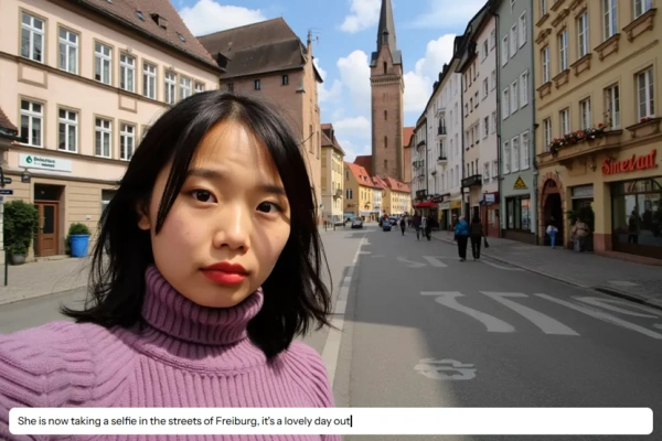 ผู้หญิงคนหนึ่งกำลังถ่ายเซลฟี่บนถนนในเมืองไฟรบูร์ก
