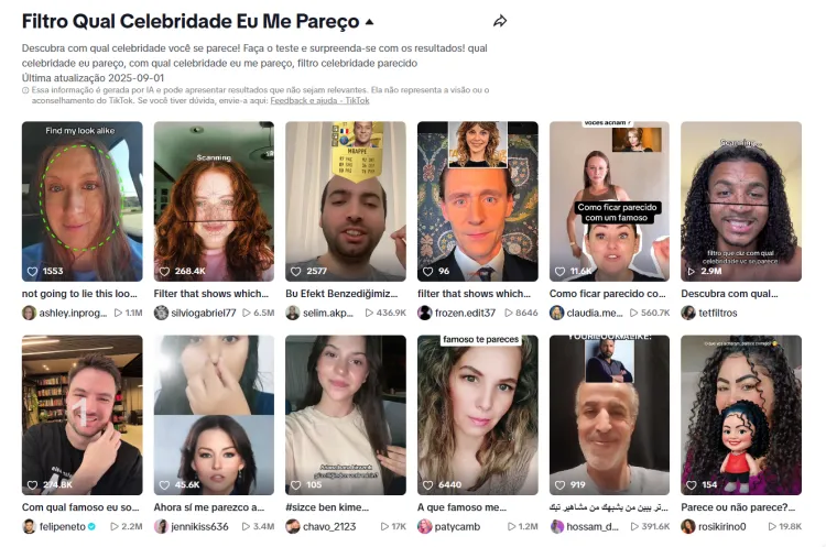 Postagens no TikTok do filtro qual celebridade eu me pareço