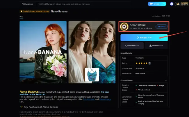 SeaArt AI modelo do Nano Banana