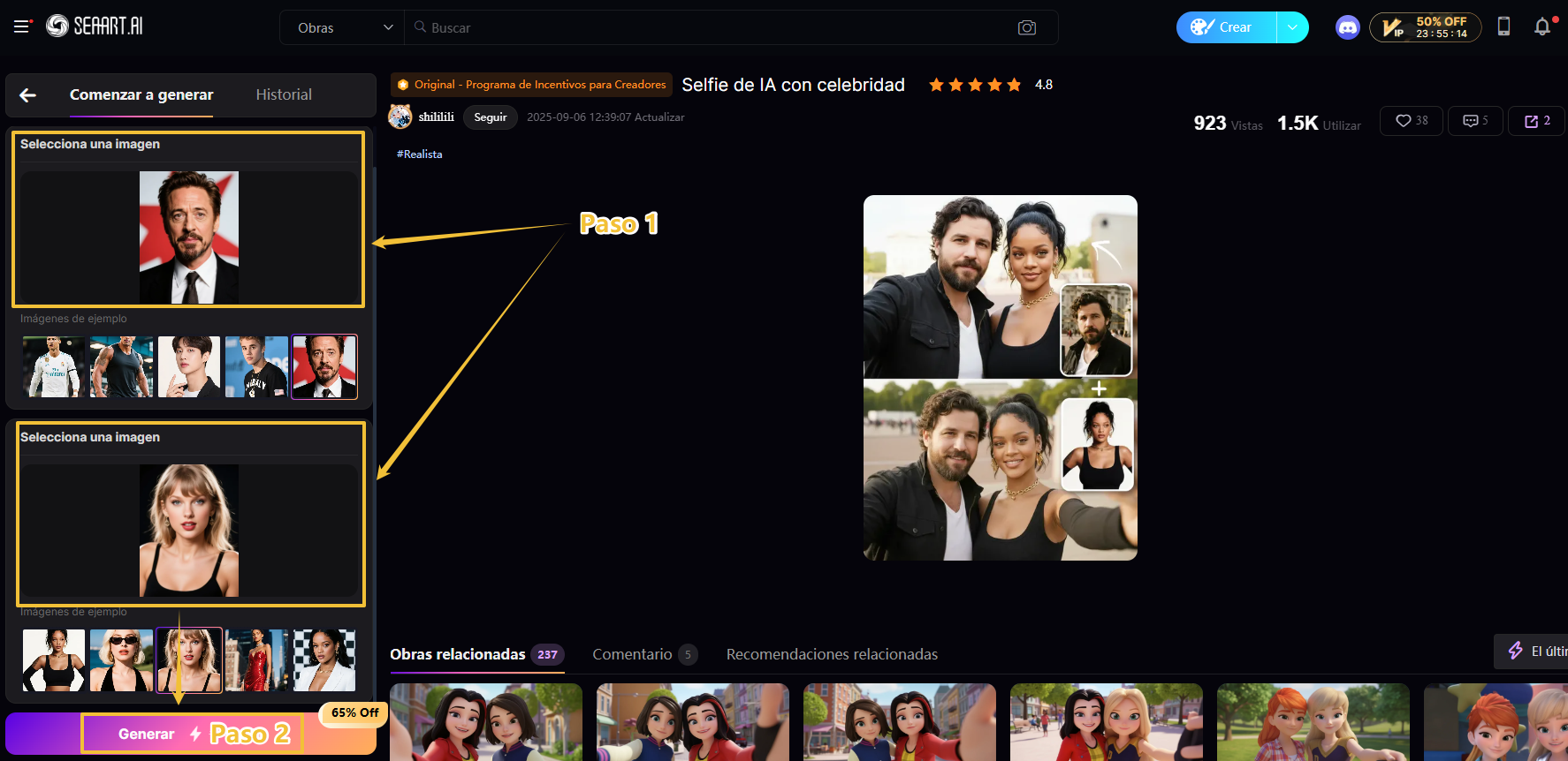 sube dos fotos a SeaArt para generar selfie con famoso