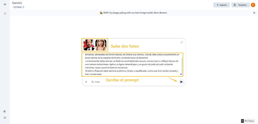 sube dos fotos y escribe el prompt en Gemeni