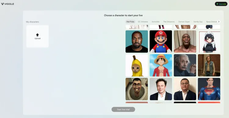 Interface da função Live do Viggle AI app