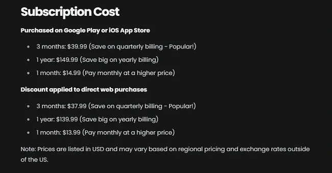 Subscription cost of Kindroid AI
