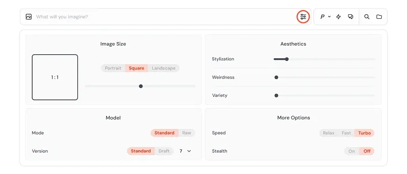 Setting options in Midjourney