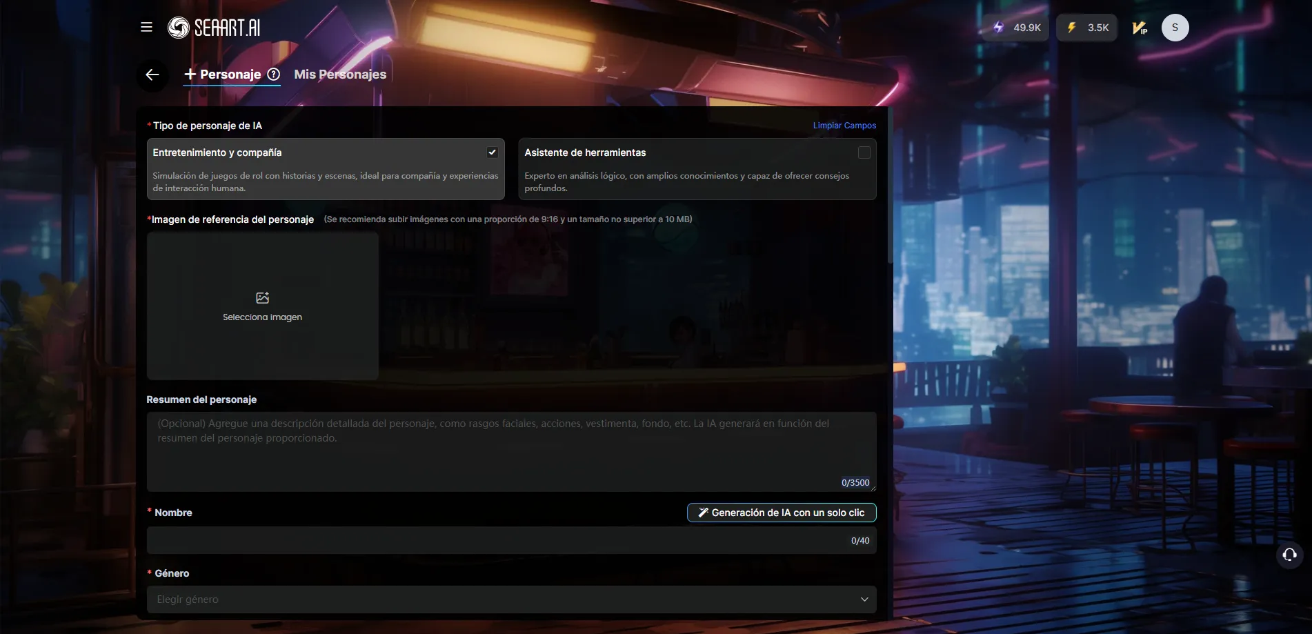 Página de creación de personajes en Cyberpub