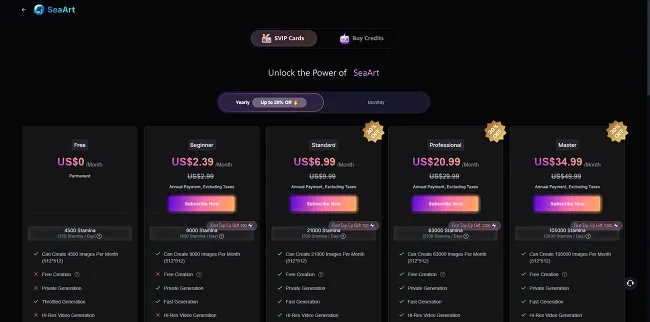 Subscription Plans of SeaArt AI