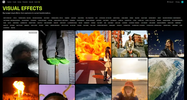 Interface de Efeitos Visuais do Higgsfield AI