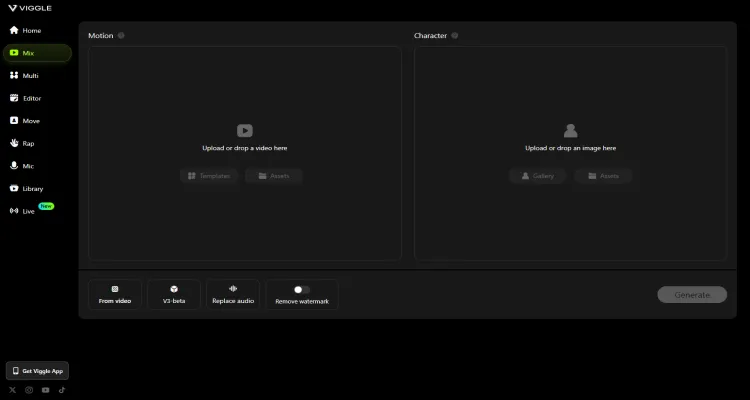 Interface da função Mix do Viggle AI app