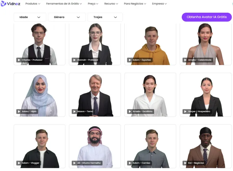 Avatares IA do Vidnoz AI