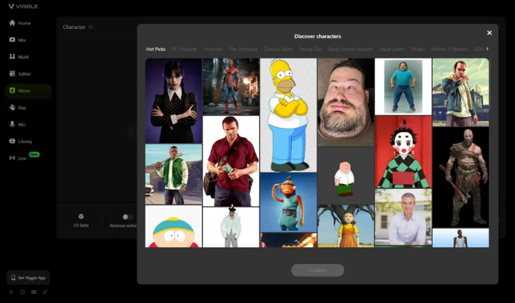 Interface da função Move do Viggle AI app
