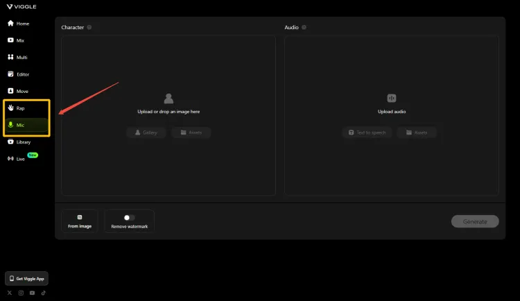 Interface da função Rap e Mic do Viggle AI app