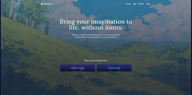 Página inical do NovelAI