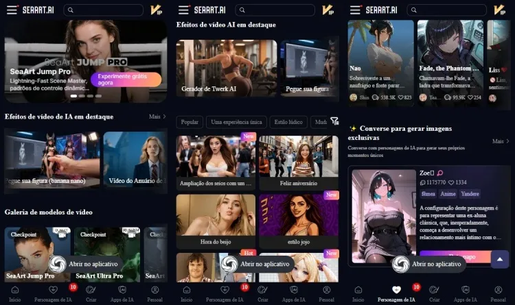 interfaces criação de vídeos e personagens de IA do SeaArt