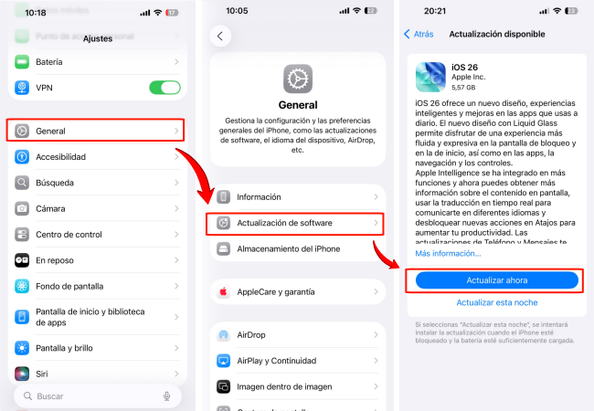 Pasos para actualizar a iOS 26 en iPhone