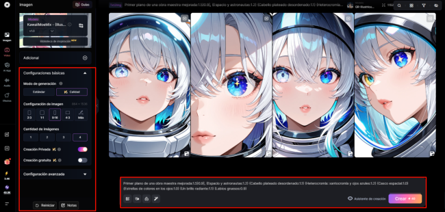 Incresa el prompt y configura los parámetros de la imagen