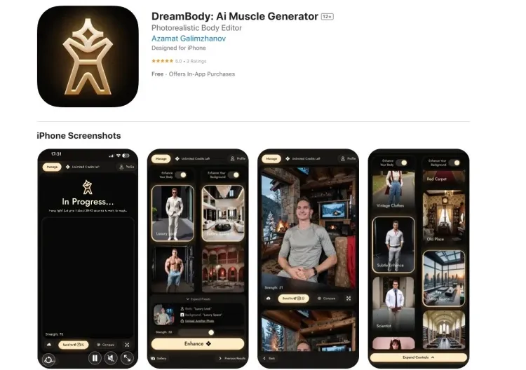 Interface do app DreamBody para gerar músculos com IA