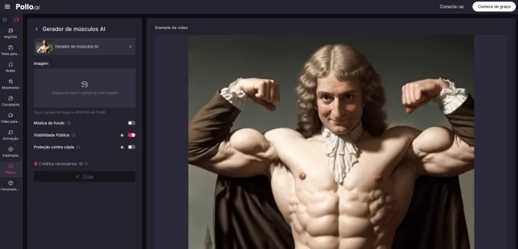  Interface do aplicativo Pollo AI mostrando configurações para criar fotos musculosas