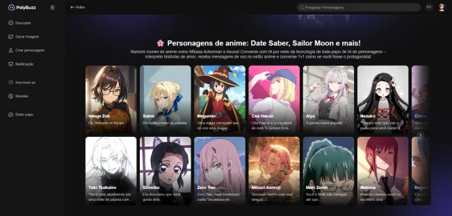 Interface da namorada IA do Polybuzz