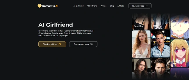 Página inicial do Romantic AI