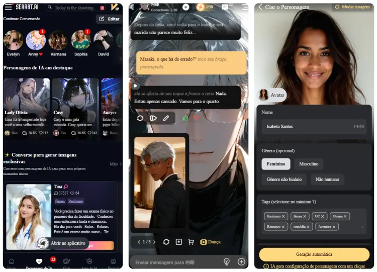 Interfaces de chat IA personagens do SeaArt CyberPub