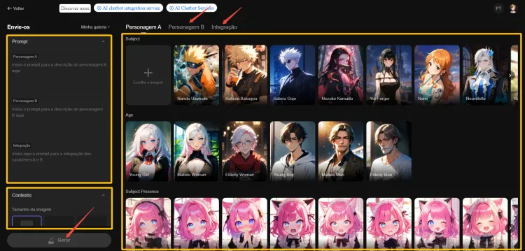 Gerar imagem de duas personagens IA juntas com PolyBuzz