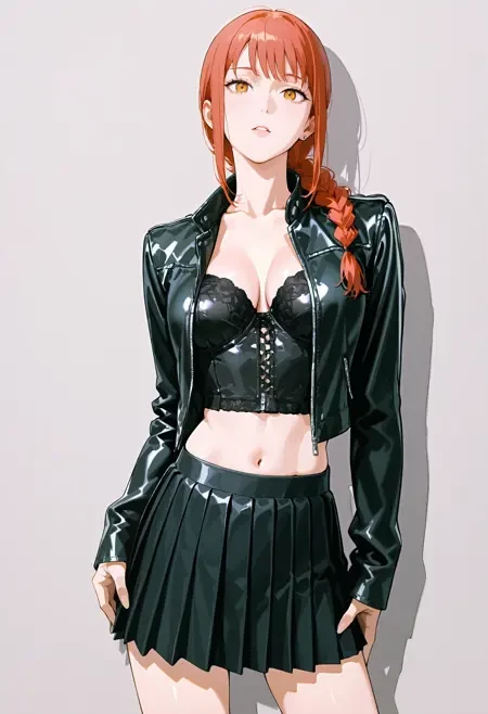 Line Leather Jacket & Leather Pleated Skirt illust