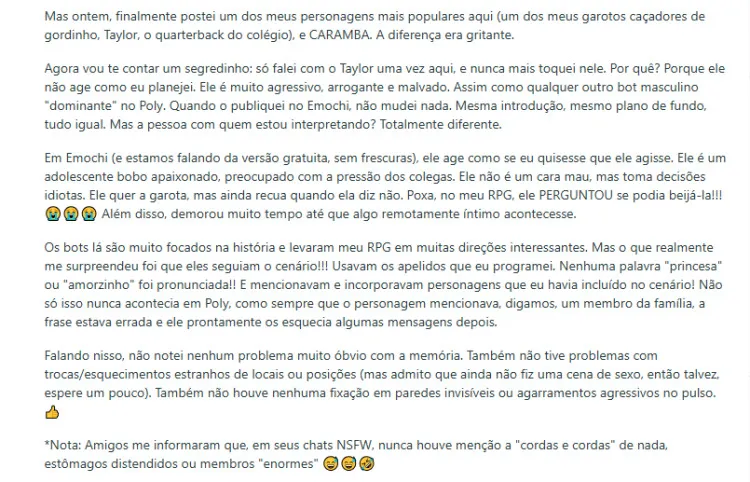 Comentário de um usuário do Reddit sobre experiência de uso do Emochi AI