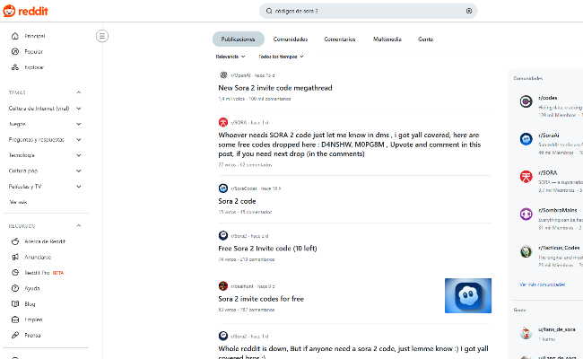 Busca códigos de Sora 2 en Reddit