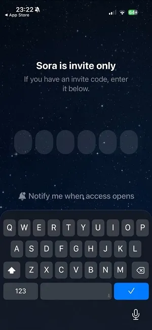 Sora invite code enter interface