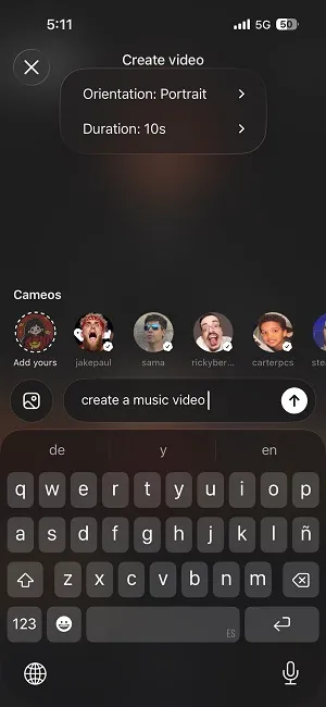 Video creation interface of the Sora 2 app