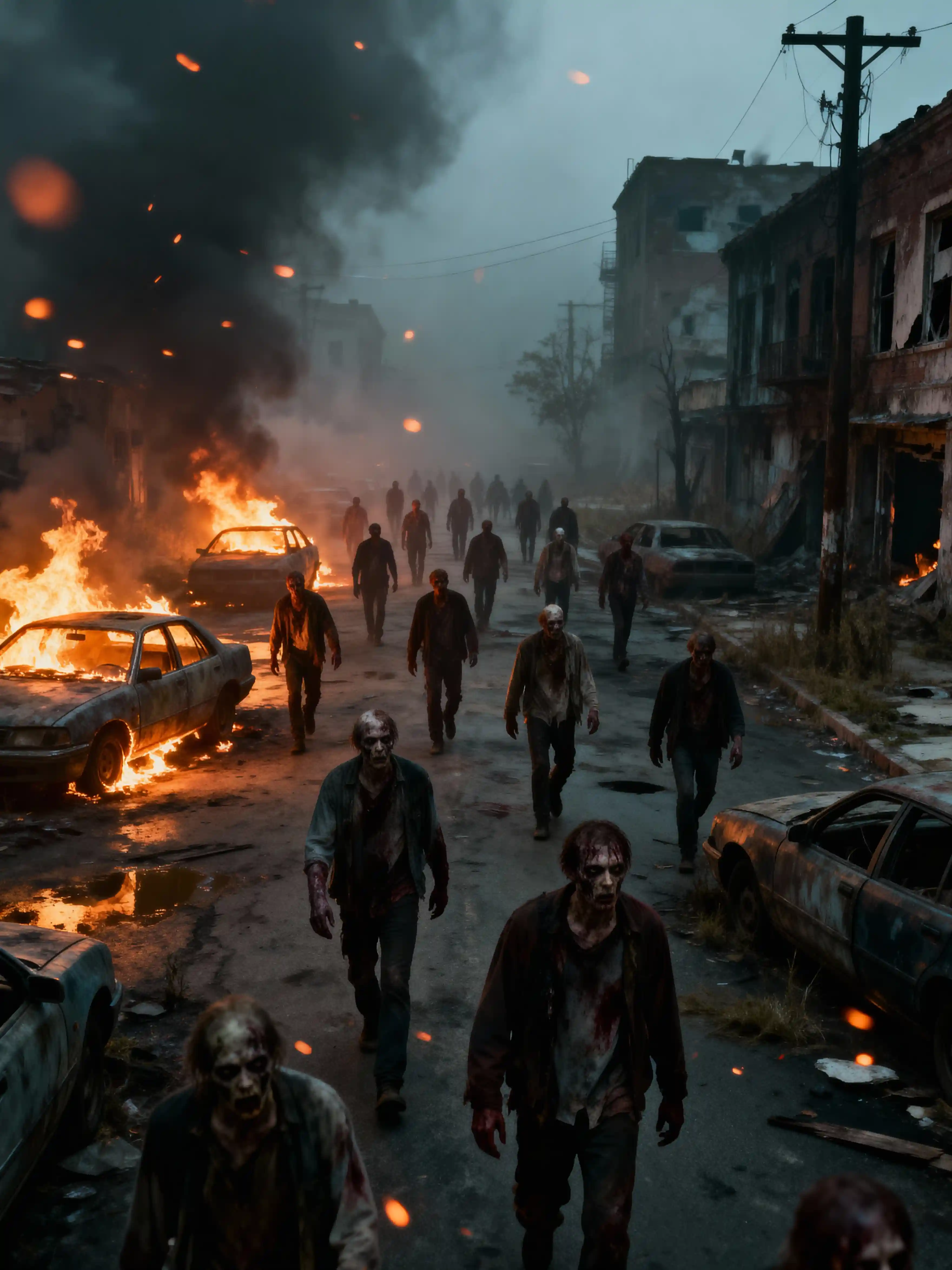 Zombie horde in abandoned, burning city streets