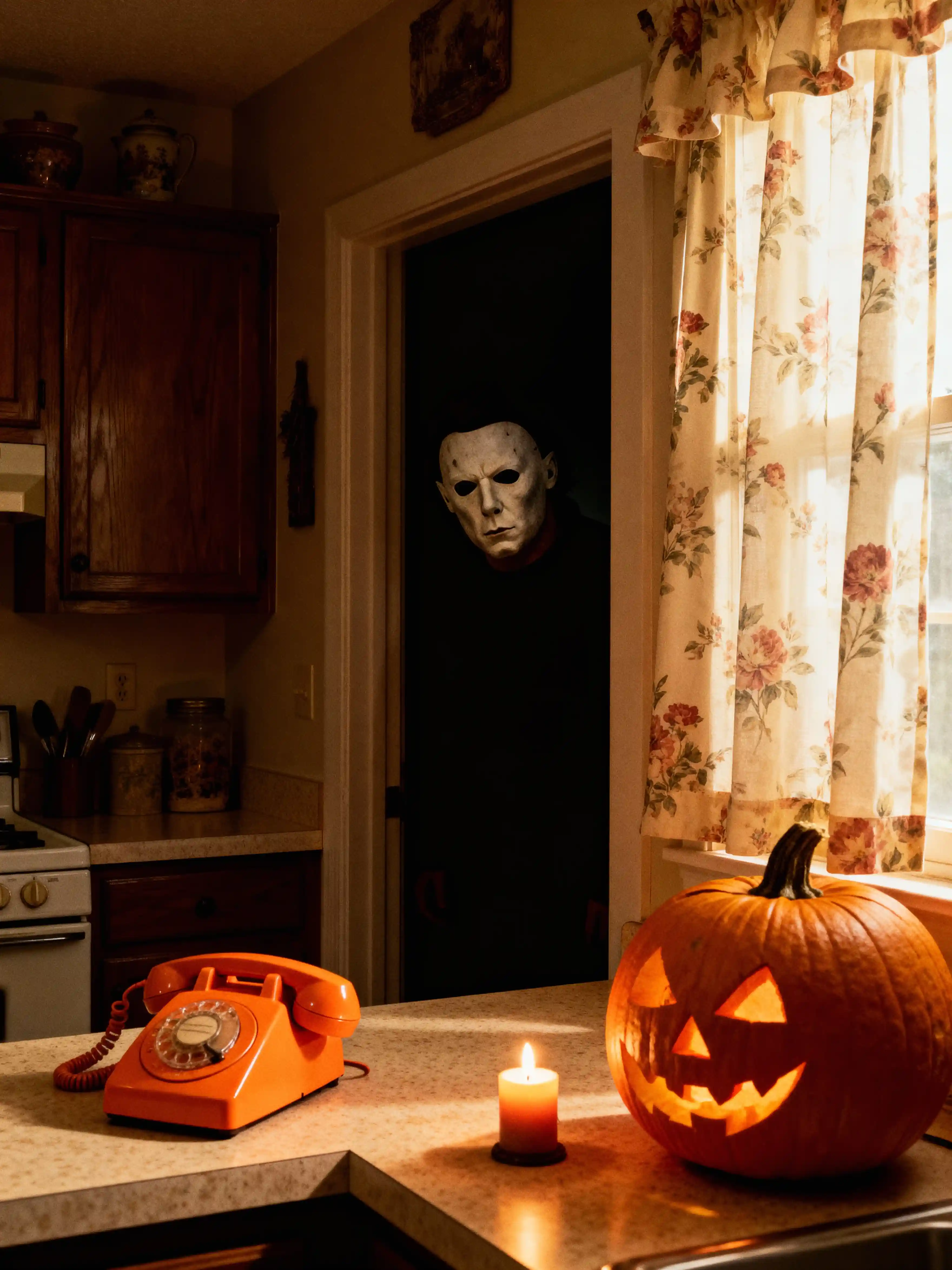 Retro 2000s kitchen with masked figure in shadows