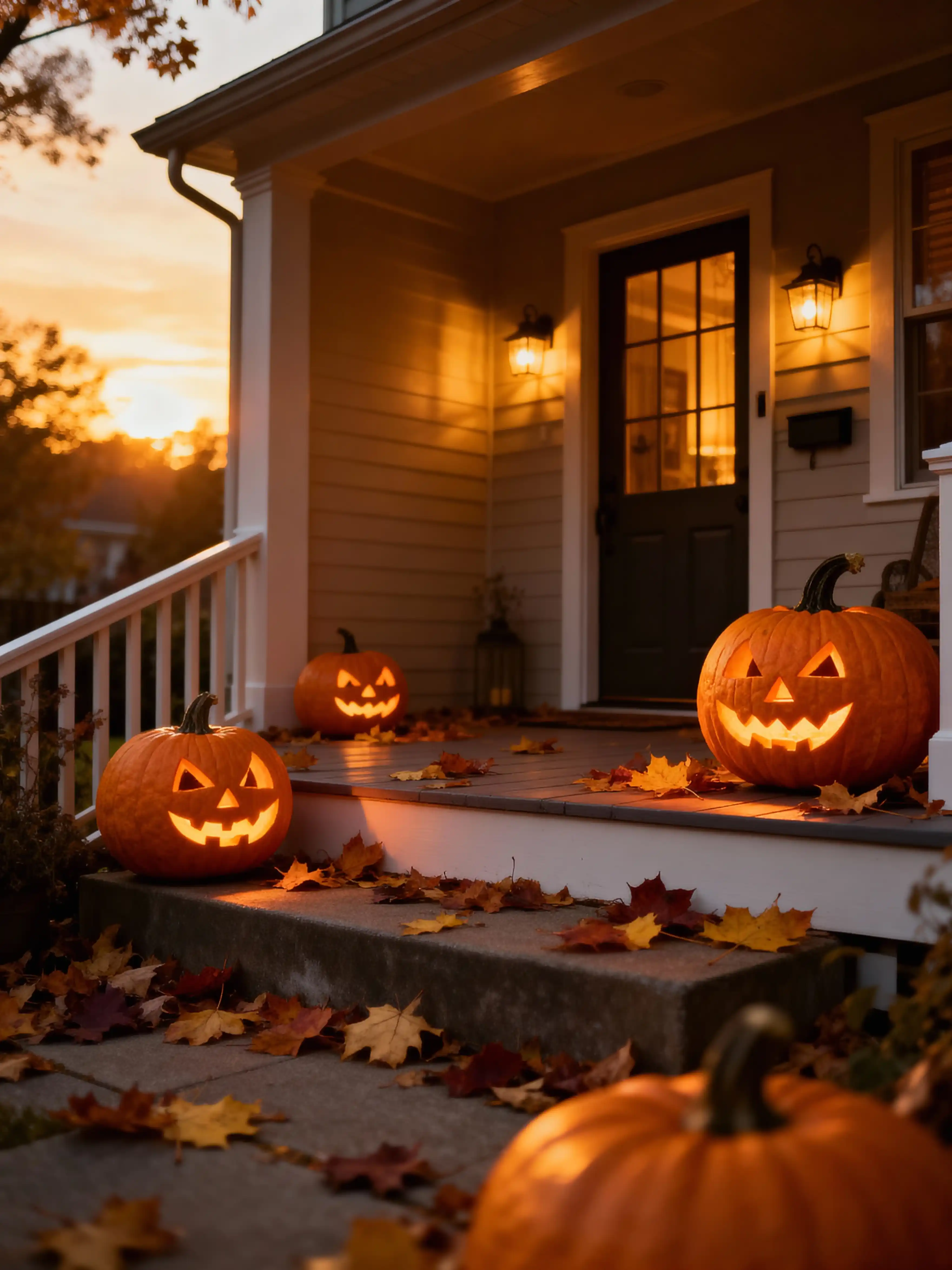 Glowing jack-o’-lanterns on an autumn porch