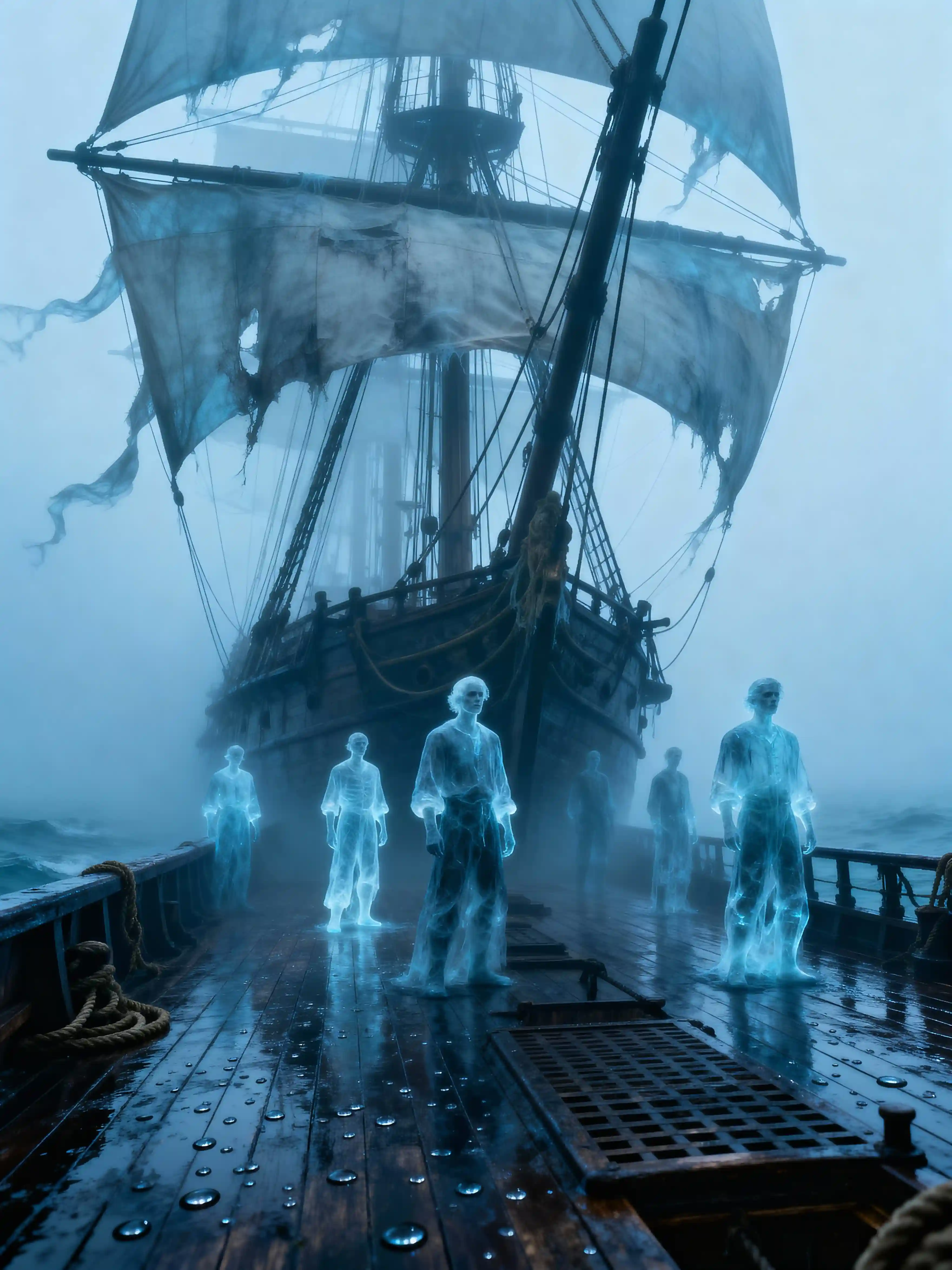 Ghost ship sailing through thick fog