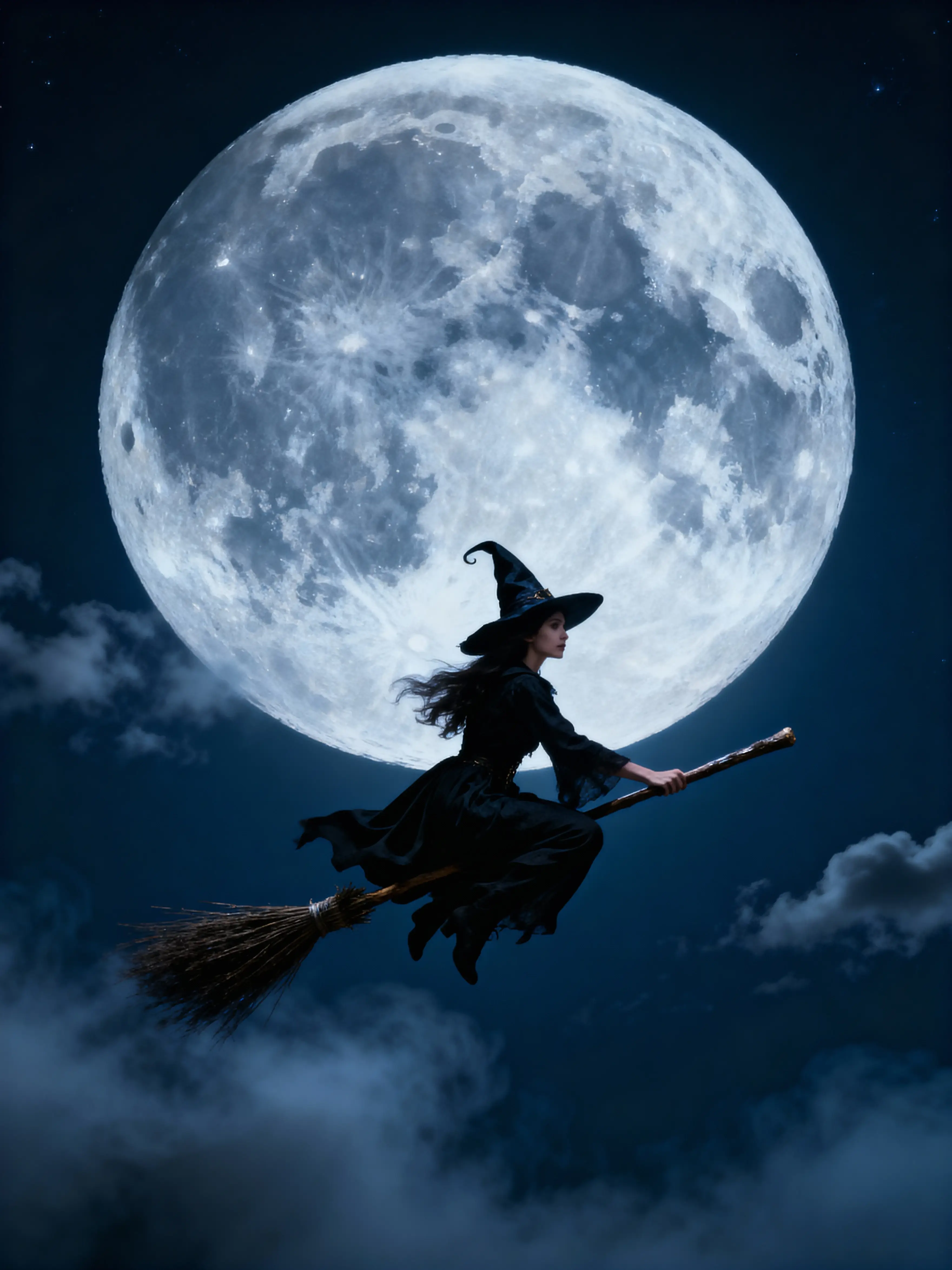 Midnight witch flying under a full moon