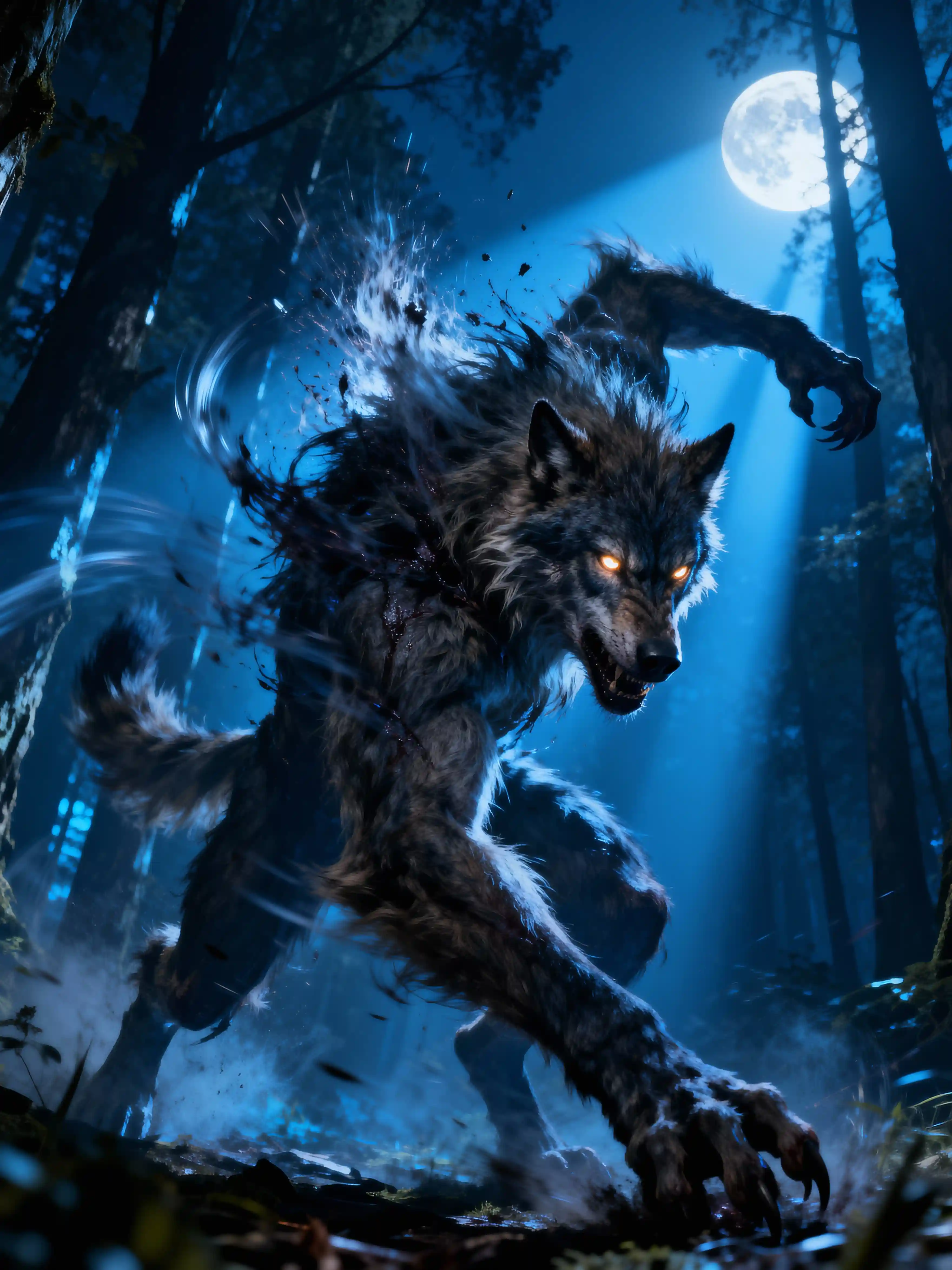 Werewolf transformation in a moonlit forest
