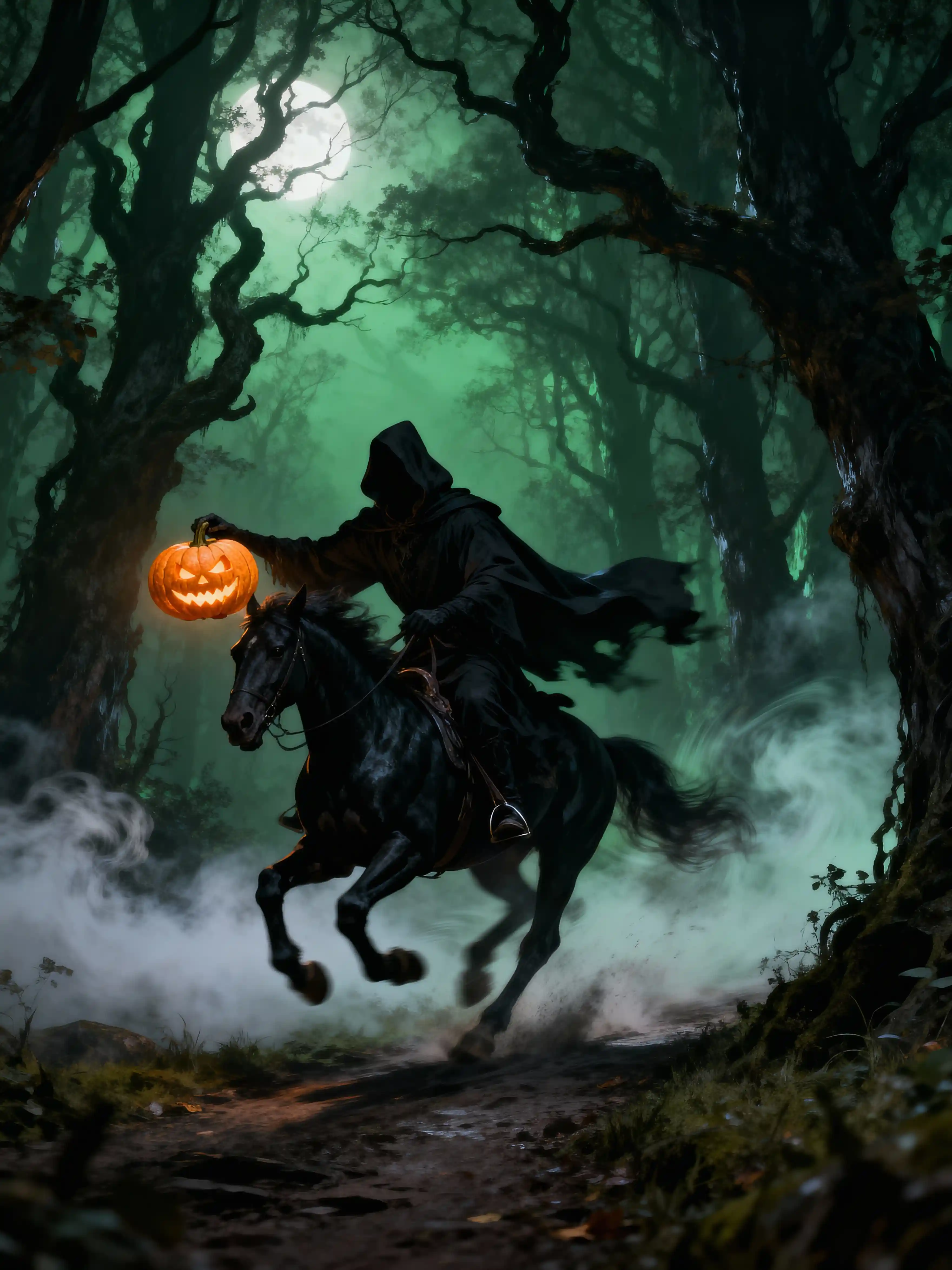 Headless horseman racing with a glowing pumpkin head