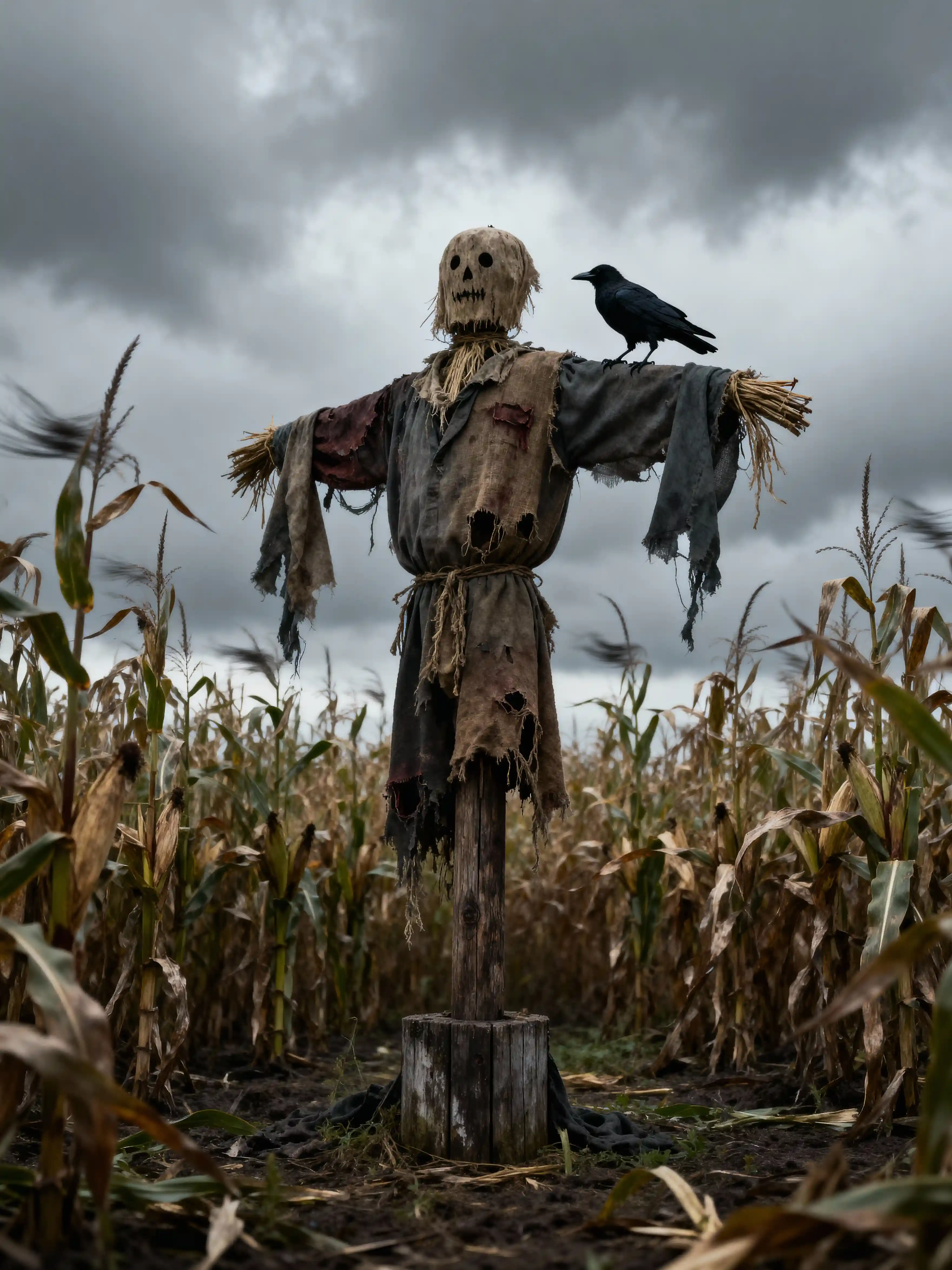Lonely scarecrow in overcast cornfield with crow