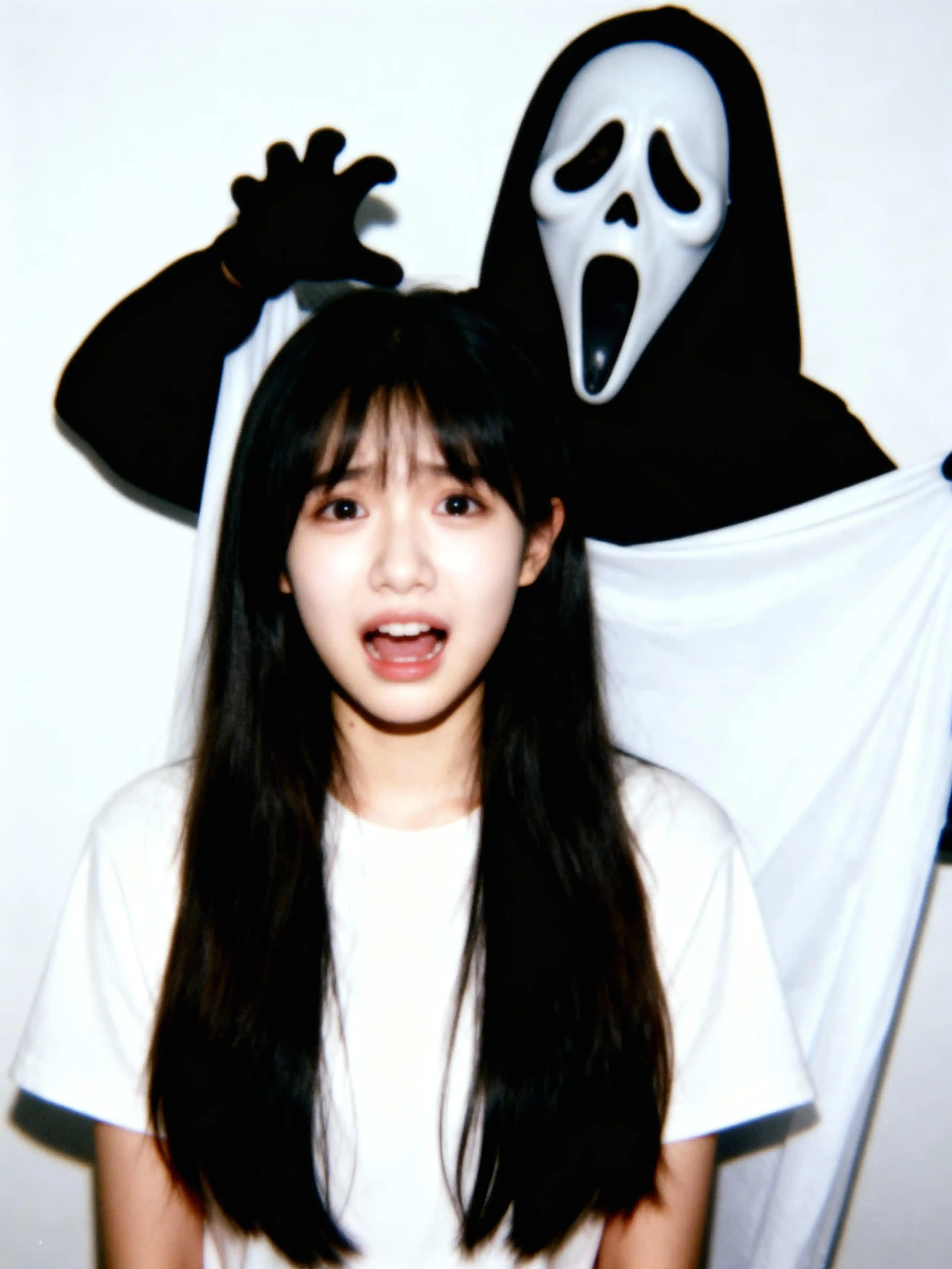 Polaroid of a terrified girl with a playful masked ghost