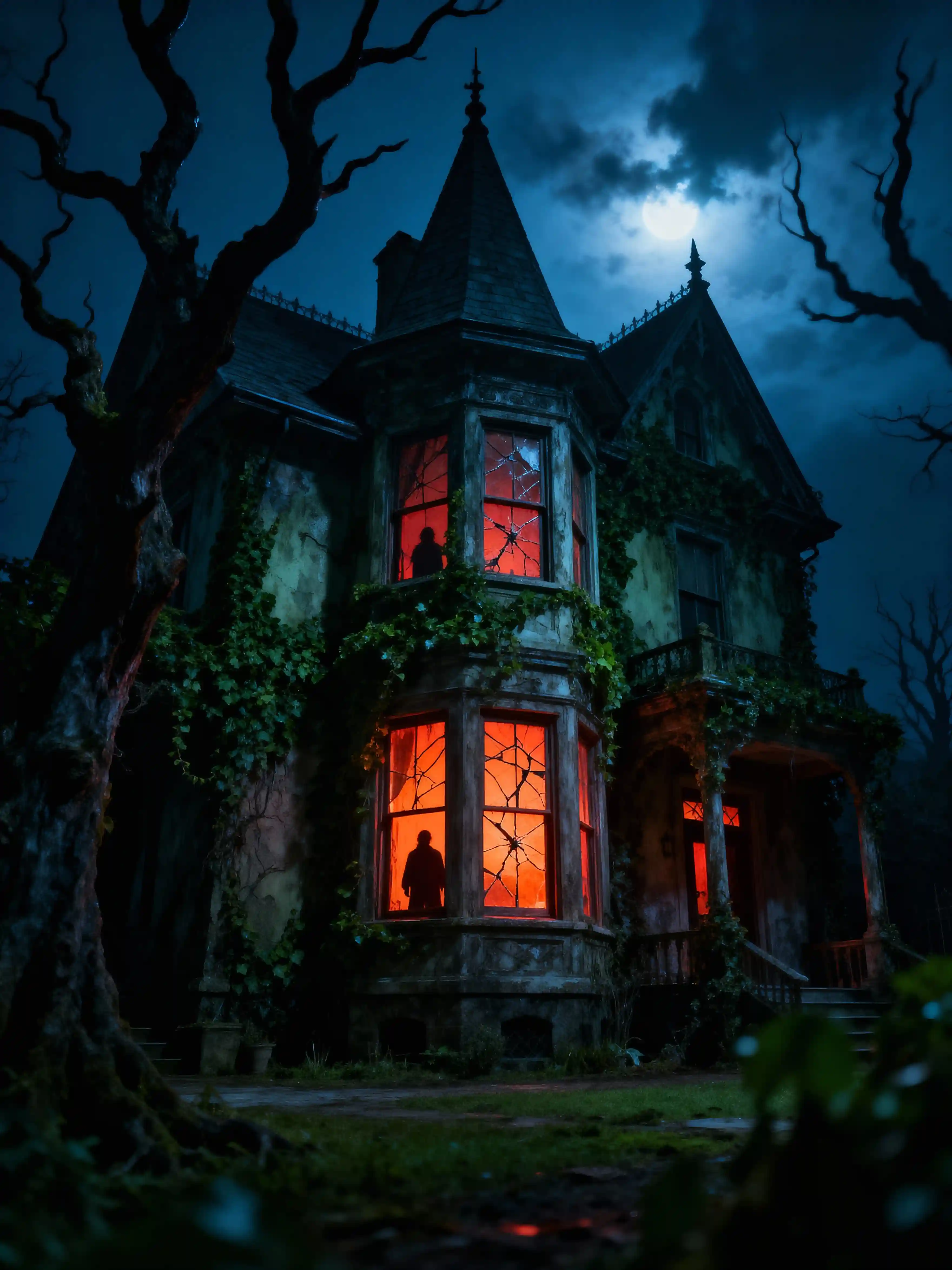 Victorian haunted mansion at night with eerie lights