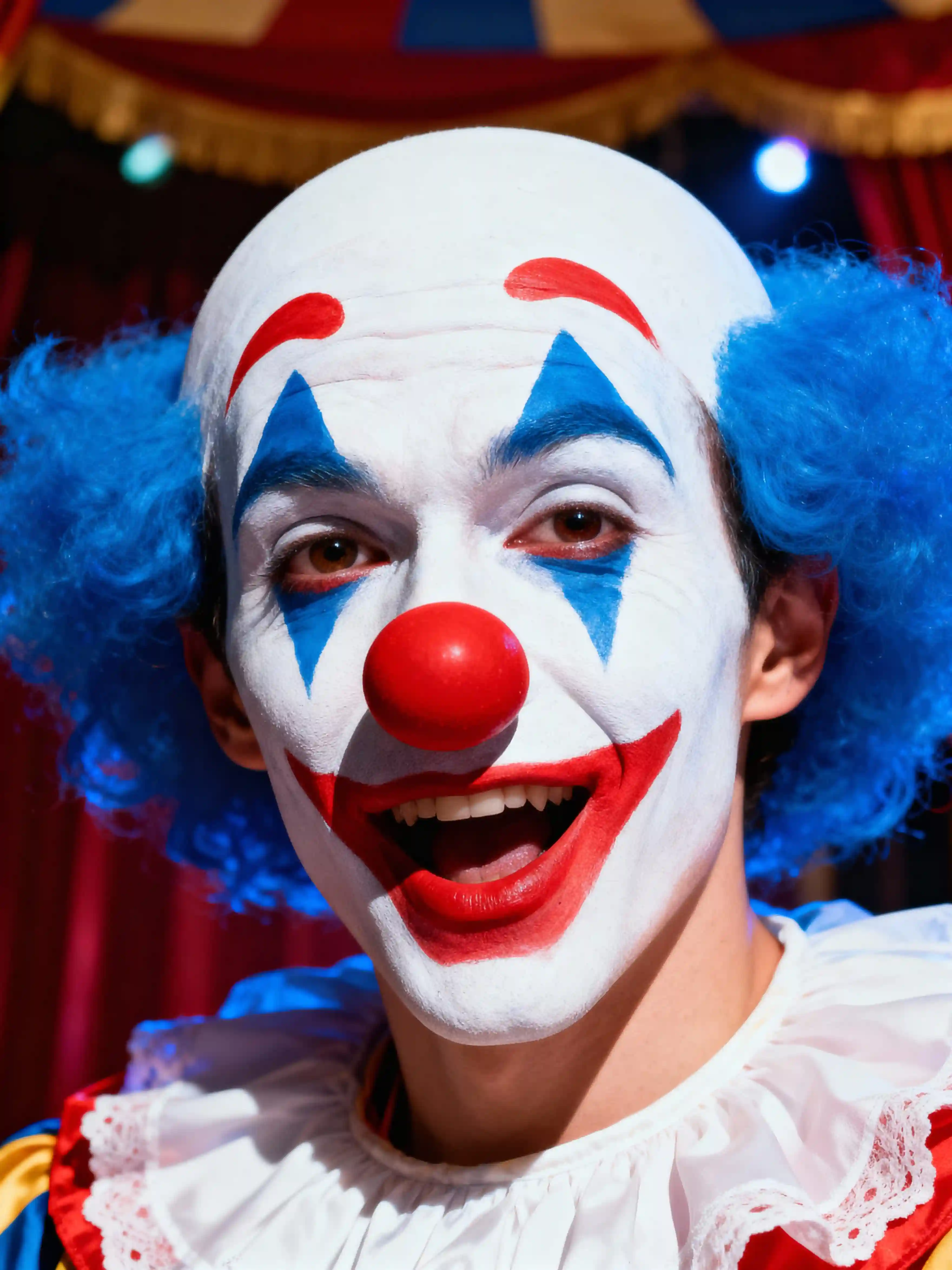 Circus clown portrait with red nose and face paint