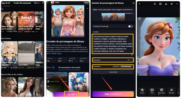 Interfaces do gerador de personagens Disney IA do SeaArt