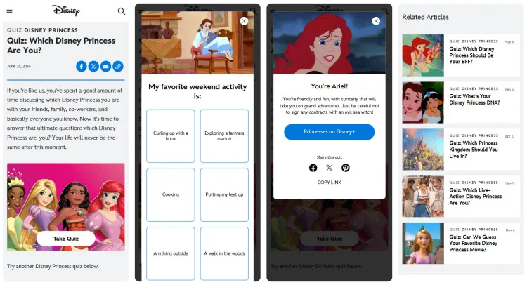 Tela do teste qual princesa da Disney eu sou da Disney oficial