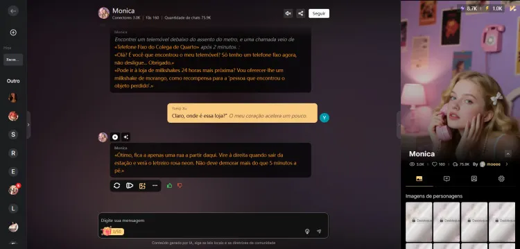 Publicação da personagem IA e início da conversa interativa do SeaArt