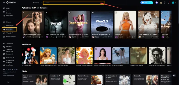 página dos apps de IA do SeaArt