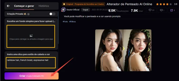 interface do simulador de cortar cabelo do SeaArt