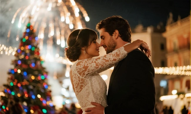 Retrato de Pareja con Fuegos Artificiales en Navidad