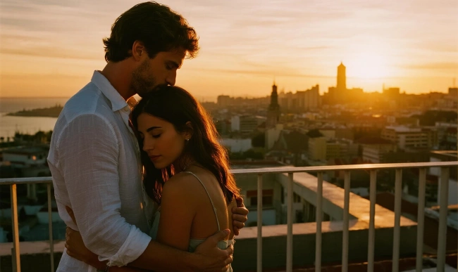 Pareja en la Terraza con Vista al Atardecer